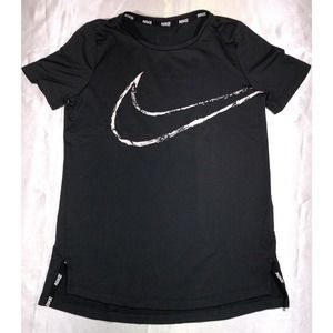 Nike Shirt Boys Black Dri-Fit Short Sleeve White Swoosh Logo Size M